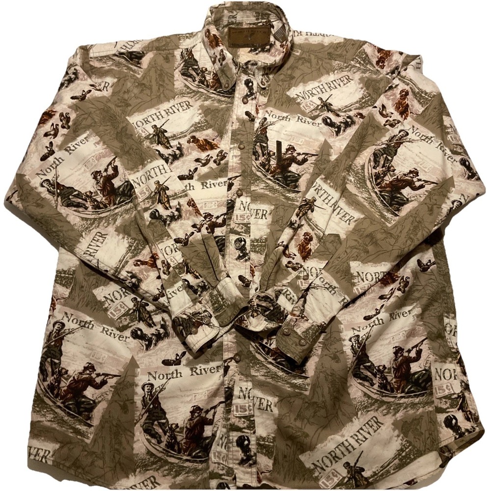 North River Mens Large Hunting Print Cotton Button Down Shirt Long Sleeve Brown